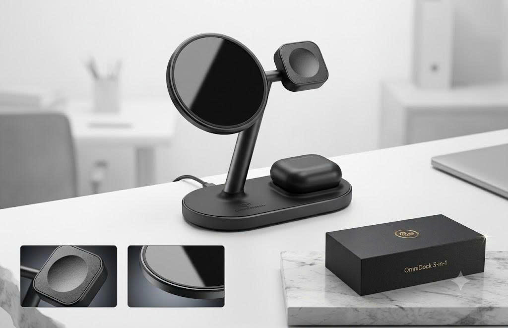 OmniDock là đế sạc nhanh không dây 3 trong 1 giúp tối ưu không gian làm việc và bàn đầu giường của bạn.